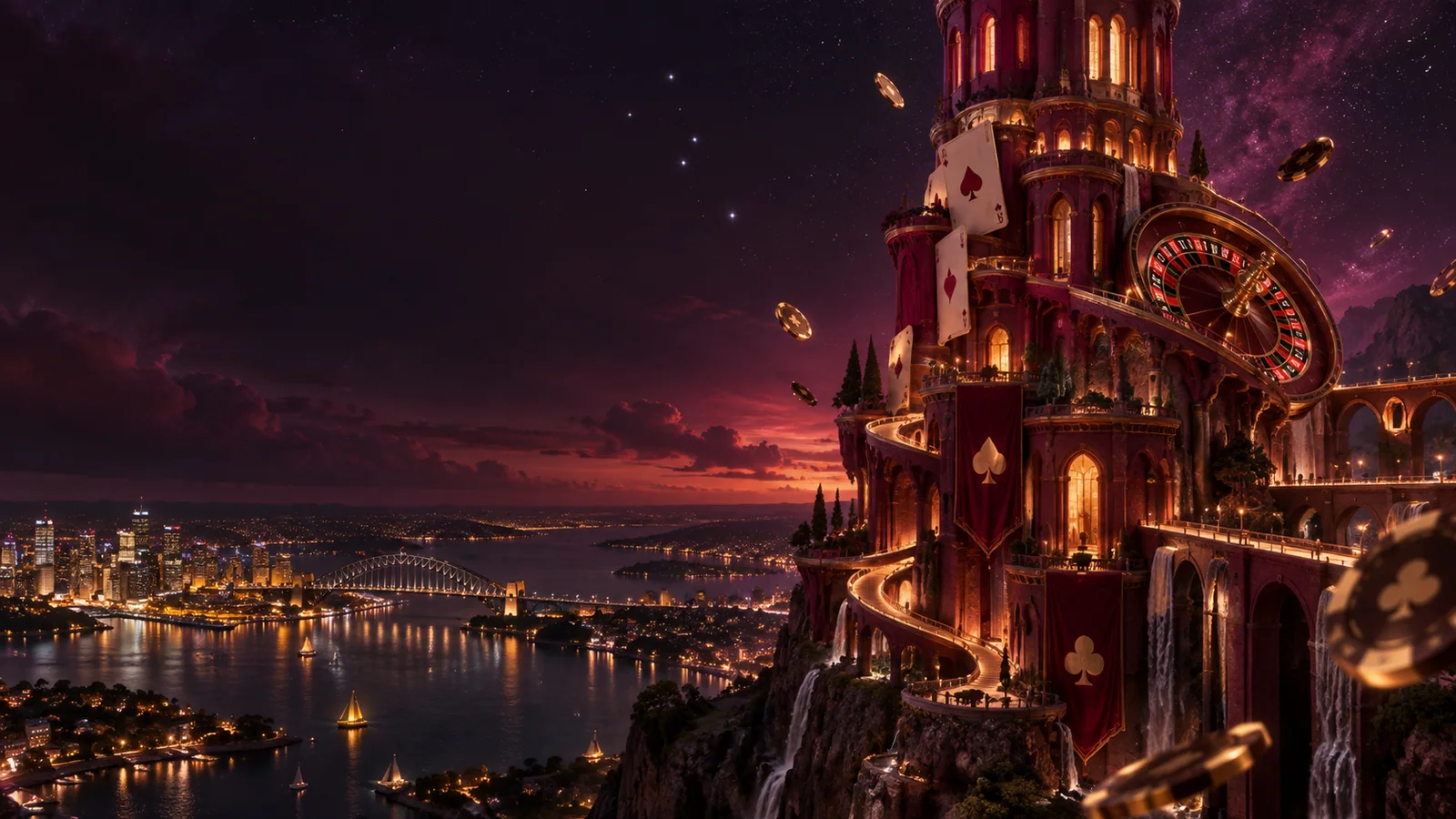 Original fantasy tower overlooking Sydney Harbour at night